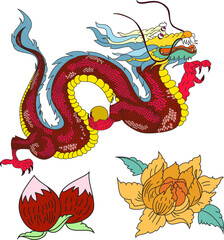 Japanese red dragon tattoo.Dragon on red background for Chinese New Year.Gold Chinese Dragon vector.Gold line art King Dragon tattoo.cartoon vector for t-shirt.