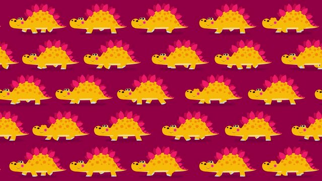 Stegosaurus cartoon yellow characters wallpaper walking on purple background. Cute children animation good as backdrop for intro, party, television programme, presentation, etc... Seamless loop.