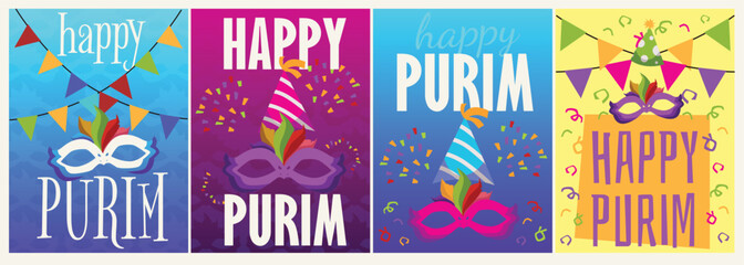 Happy Purim card or banners with masquerade masks, flat vector illustration.