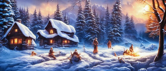 Fototapeta na wymiar Painting of a beautiful winter house, background illustration.Generative AI