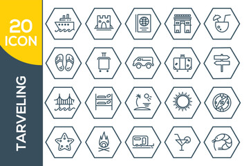 Set of 24 travel icons, thin line style, vector illustration. Simple travel icons set. Universal travel icons to use for web and mobile UI, set of basic UI travel elements.