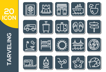 Set of 24 travel icons, thin line style, vector illustration. Simple travel icons set. Universal travel icons to use for web and mobile UI, set of basic UI travel elements.