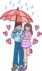 Hand Drawn Couple man and woman holding hands in the rain illustration