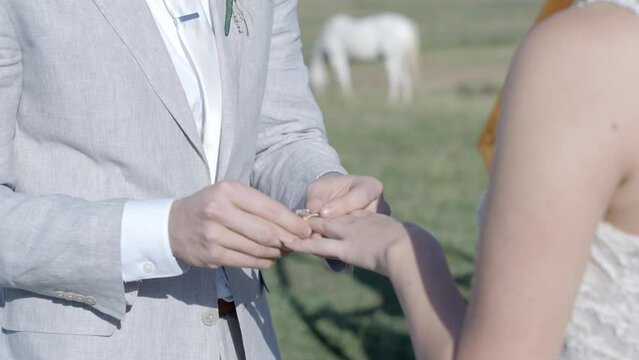 Groom putting ring on brides hand. Put a ring on it. I do. Shot in 4K 60FPS for high quality slow motion. Purchase entire event raw at wholesale price email willneatheryyahoo.com.