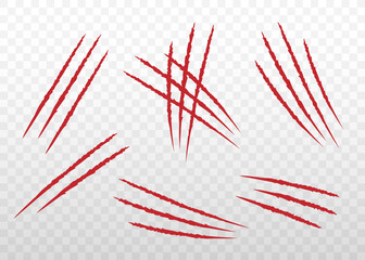Set of red different claws scratches flat style, vector illustration