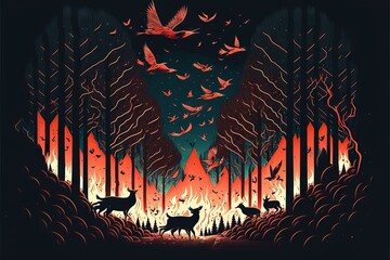  An intensive and extensive Forest Fire, with burning trees and land, with a lot of animals, mammals and birds trying to escape from the burning zone