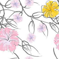 Pink Flowers Blooming Pattern. Pastel Watercolor.