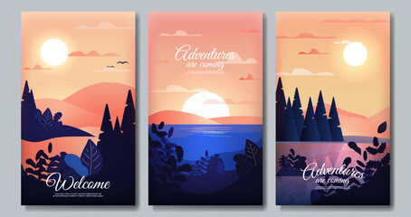 Evening or morning landscape. Set of vector illustration. Design for poster, banner, brochure, invitation. Sunset or sunrise with forest, river and hills.