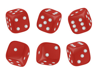 Set of red realistic cubic dices with different numbers of dots from one to six