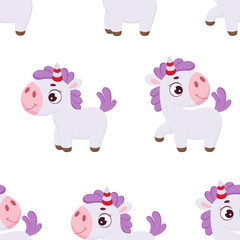 Cute magical unicorn seamless childish pattern. Funny magic unicorn cartoon character for fabric, wrapping, textile, wallpaper, apparel. Vector illustration