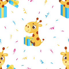 Cute little giraffe with gift box seamless childish pattern. Funny cartoon character for fabric, wrapping, textile, wallpaper, apparel. Vector illustration