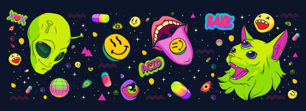 Psychedelic rave style seamless pattern with alien head, mouth and tongue, three-eyed cat creature, smiley emoji, planet and pill icons in acid colors on black background. Cartoon vector illustration