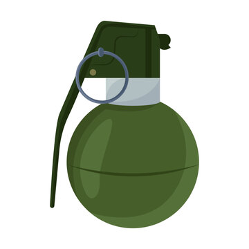 Vector picture of round offensive grenade with pin and ring house in flat style. Army weapon illustration. Military equipment. War, battle concept