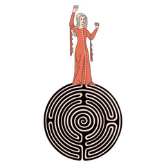 Medieval woman in with a raised fist standing on top of a round spiral maze or labyrinth symbol. Ariadne. Creative feminist concept.