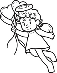 Hand Drawn Cupid with heart balloons illustration