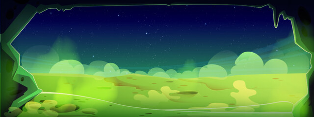 View from cave at green alien planet surface with craters and toxic fog in air. Cartoon vector illustration of uninhabited land with poisonous gas and night starry sky. Space adventure game background - obrazy, fototapety, plakaty