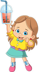 Cute kid girl holding bubble milk tea