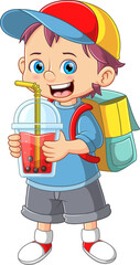 Boy holding bubble milk tea and carrying backpack