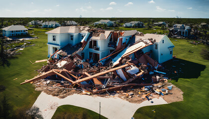 Scene of devastation as a hurricane has ravaged a once-beautiful house. The roof is missing, windows are shattered, and debris is scattered everywhere. The stark contrast between the destruction and t