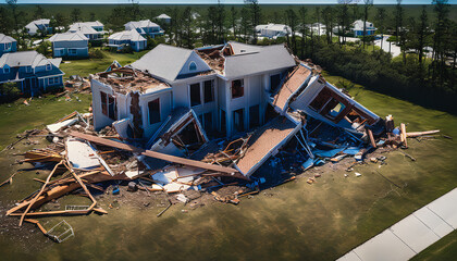 Fototapeta na wymiar Scene of devastation as a hurricane has ravaged a once-beautiful house. The roof is missing, windows are shattered, and debris is scattered everywhere. The stark contrast between the destruction and t