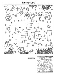 "Happy New Year!" greeting text dot-to-dot picture puzzle and coloring page. Answer included.
