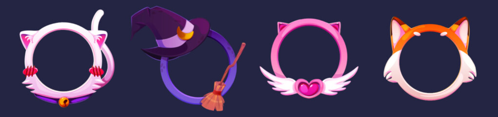 Circle game avatar frames with cats and fox ears, witch hat and broom. Empty round borders for gamer avatar. Fantasy frames in shape of cute animals, vector cartoon set © klyaksun