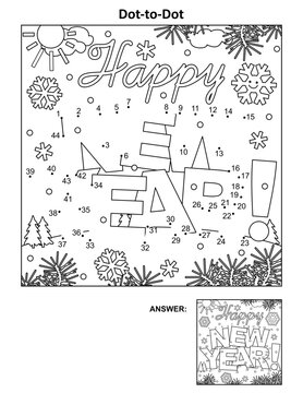 "Happy New Year!" greeting text dot-to-dot picture puzzle and coloring page. Answer included.
