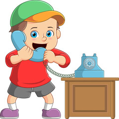 Kid boy talking on a retro wired telephone