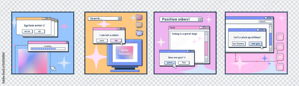 Poster social media posters template with retro desktop computer interface with message frames, loading bar