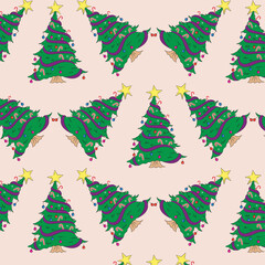 Pattern of Christmas tree, pines for greeting card, invitation,banner, web. New Years and Christmas traditional symbol tree with garlands, light bulb,