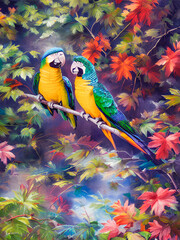  vibrant and colorful parrot perched on a branch. The bird's striking feathers, ranging from bright red and green to deep blue and yellow, stand out against the muted background. Generative AI