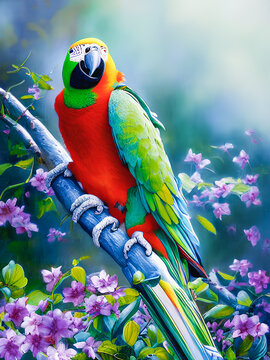  vibrant and colorful parrot perched on a branch. The bird's striking feathers, ranging from bright red and green to deep blue and yellow, stand out against the muted background. Generative AI