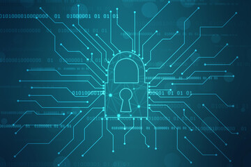 Digital Padlock on abstract technology background, Technology security concept. Modern safety digital background. Protection system, Cyber Security and safety information, personal data concept