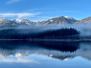 The beautiful view of Eibsee lake reflects the mountain.