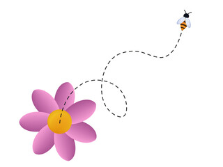 Flying bee up. Insect trajectory flight path with dotted line, loop, flower 3d. Bee path with noose, collecting nectar, honey or pollen, apiology science study concept, busy wasp icon. Vector.