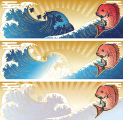 バナー　墨絵の鯛と海　和風　和柄　手描き　イラスト素材セット