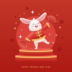 Chinese Year of Rabbit Cartoon Character Dance with Asian Style Decoration for Banner Background