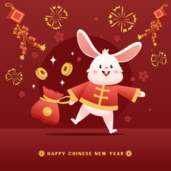 Obraz na płótnie Canvas Chinese Year of Rabbit Cartoon Character Holding Money with Fireworks Bag Asian Style Decoration for Banner Background