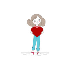 Cute girl holding a red paper heart. Concept design of a girl character with a red heart in his hands. girl character clip art vector isolated on white background.