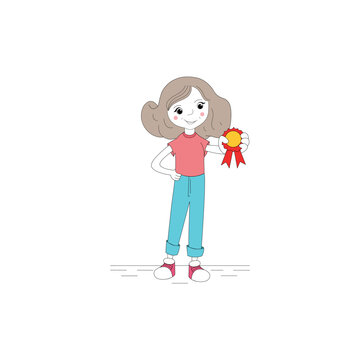 Girl Is Proud To Be Herself Showing Off Her Medal. Girl Character With Medal Clip Art Isolated On White Background.