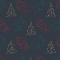 New year Christmas seamless pattern with Christmas tree, Santa clause on blue background. Background for wrapping paper, fabric print, greeting cards. Winter Holiday design