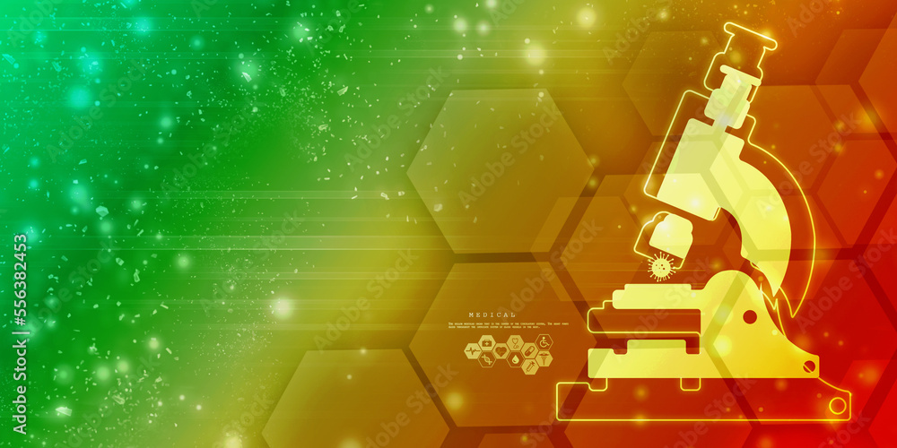 Poster 2d rendering virus testing microscope with medicine bottle