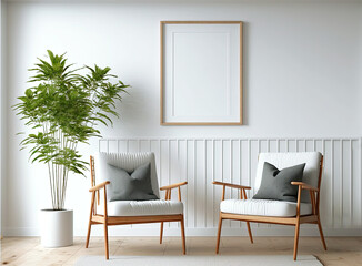 minimalist modern living room design with empty frame mockup, two wooden chairs on white wall, AI assisted finalized in Photoshop by me 
