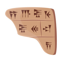 Stone or rock tablet with alphabet of ancient civilization or Mesopotamia on white background. Babylonian or Sumerian script vector illustration. Science concept