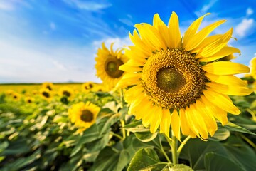 Fototapeta premium Yellow field with sunflowers.Big yellow sunflower against the blue sky.Sunflowers field at Lopburi, Thailand