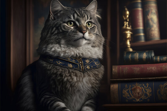 A Majestic Cat Dressed in Regal Attire Stares Confidently at the Camera, Exuding Style and Sophistication as It Holds Court