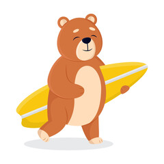 Obraz premium Funny Brown bear surfing, enjoying outdoor activity. Cute animal character on surfboard cartoon illustration. Summer, extreme water sport concept