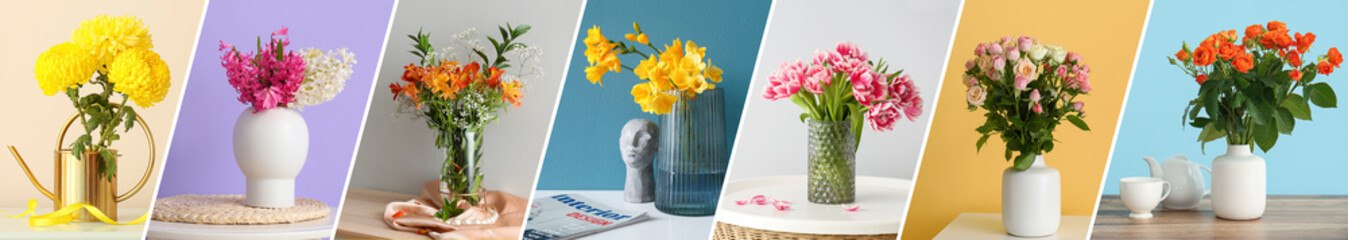 Collection of stylish vases with beautiful fresh flowers on table against color wall