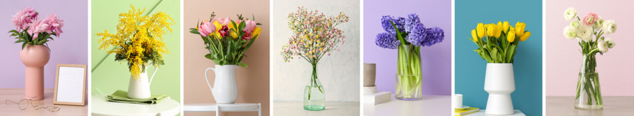 Collection of stylish vases with beautiful flowers on table against color wall