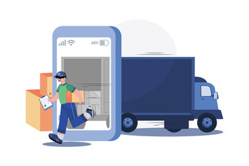 Smartphone with a delivery truck, express delivery courier holding a cardboard box. - obrazy, fototapety, plakaty